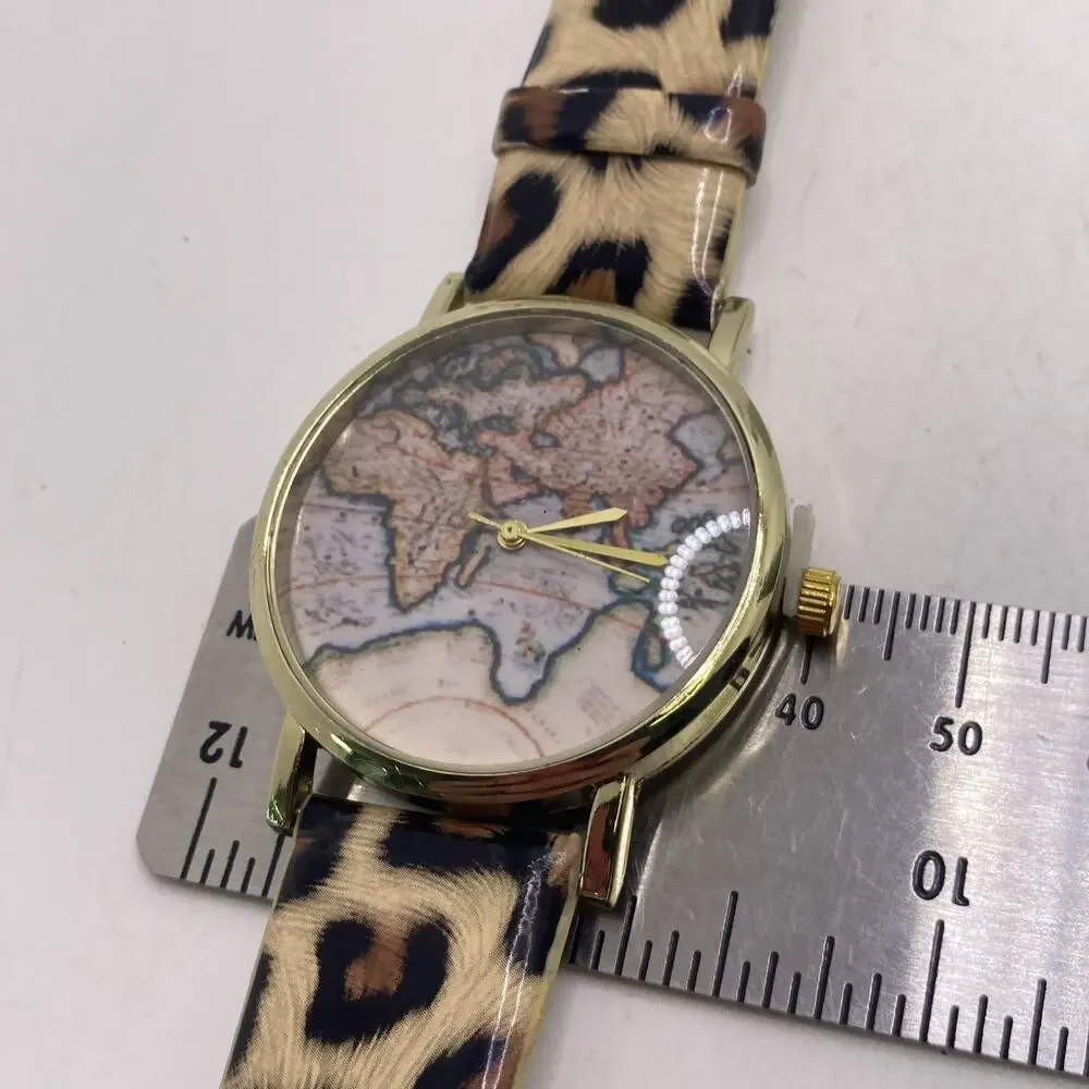 Womens Gold Tone Cheetah World Map Watch New Battery